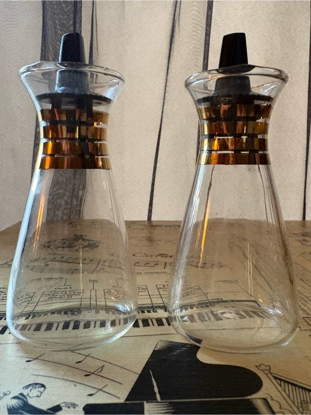 Vintage Pyrex MCM Black and Gold Glass SALT & PEPPER SHAKERS Set